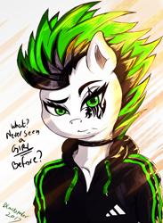 Size: 1024x1400 | Tagged: safe, artist:blackspoiler, derpibooru import, oc, oc:blackspoiler, clothes, digital drawing, green eyes, jersey, tattoo