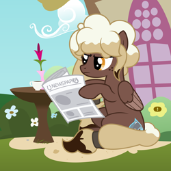 Size: 3000x3000 | Tagged: safe, artist:besttubahorse, derpibooru import, oc, oc only, oc:sweet mocha, pegasus, pony, .svg available, bush, coffee cup, cup, female, flower, freckles, high res, hoof hold, newspaper, reading, sitting, solo, svg, table, vase, vector