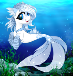 Size: 2300x2400 | Tagged: safe, artist:vird-gi, derpibooru import, oc, oc only, oc:sweet kiss, seapony (g4), female, smiling, solo, underwater