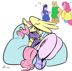 Size: 1200x1195 | Tagged: safe, artist:rwl, derpibooru import, applejack, fluttershy, pinkie pie, twilight sparkle, anthro, beanbag chair, clothes, freckles, hat, hiding, music notes, overwhelmed, party hat, socks