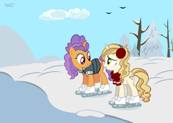 Size: 4763x3393 | Tagged: safe, artist:ironm17, derpibooru import, pretzel twist, sweet biscuit, pony, unicorn, clothes, earmuffs, ice skating, jacket, scarf, short-sleeved jacket, snow, winter, winter outfit