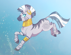 Size: 1100x850 | Tagged: safe, artist:rusztic, derpibooru import, zecora, zebra, ear piercing, earring, female, jewelry, piercing, smiling, solo, swimming, underwater