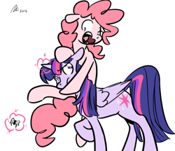 Size: 500x432 | Tagged: safe, artist:rwl, derpibooru import, pinkie pie, twilight sparkle, twilight sparkle (alicorn), alicorn, earth pony, pony, spider, arachnophobia, fear, female, lesbian, magic, mare, scared, shipping, twinkie