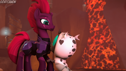 Size: 3840x2160 | Tagged: safe, artist:goatcanon, derpibooru import, tempest shadow, oc, oc:joey, changeling, changeling larva, my little pony: the movie, 3d, broken horn, cute, eye scar, lava, requested art, scar, source filmmaker