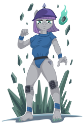 Size: 1024x1545 | Tagged: safe, artist:wangkingfun, derpibooru import, maud pie, anthro, earth pony, plantigrade anthro, barefoot, earth bending, feet, frown, glare, helmet, knee pads, looking at you, pickelhaube, simple background, transparent background, tunic