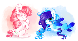 Size: 8315x4382 | Tagged: safe, artist:pinkablue, derpibooru import, desert rose, earth pony, pony, g3, absurd resolution, blushing, cute, diaraines, diaroses, duo, ear fluff, eyes closed, female, gradient hooves, hnnng, mare, on back, scrunchie, silver rain, sitting, smiling, starry eyes, wingding eyes