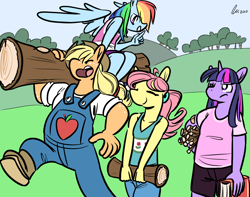 Size: 1250x985 | Tagged: safe, artist:rwl, derpibooru import, applejack, fluttershy, rainbow dash, twilight sparkle, unicorn twilight, anthro, earth pony, pegasus, unicorn, alternate hairstyle, book, dungarees, eyes closed, freckles, lifting, log, overalls, shhh, stick, stronk, super strength, sweet apple acres, twilight is not amused, unamused