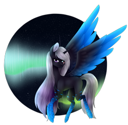 Size: 3071x2995 | Tagged: safe, artist:knaranayama, derpibooru import, oc, oc only, alicorn, pony, alicorn oc, aurora borealis, colored wings, colored wingtips, female, gradient wings, high res, mare, night, night sky, sky, socks (coat marking), solo, spread wings, starry night, wings