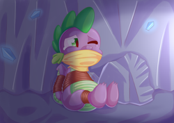Size: 3496x2476 | Tagged: safe, artist:kirbysquad101, derpibooru import, spike, dragon, bondage, bound and gagged, bound tail, cave, cloth gag, commission, crying, crystal, dragon in distress, gag, high res, no more ponies at source, one eye closed, rope, sitting, solo, squirming, teary eyes, tied up