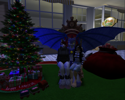 Size: 1280x1024 | Tagged: safe, derpibooru import, oc, oc only, oc:icarus the lunar guard, anthro, bat pony, anthro oc, bat pony oc, bat wings, christmas, christmas tree, cougar, female, herd, holiday, male, mare, night, night guard, santa sack, second life, stallion, tree