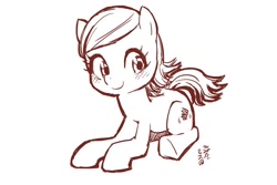 Size: 1200x800 | Tagged: safe, artist:yanamosuda, derpibooru import, earth pony, pony, blushing, cute, female, filly, monochrome, simple background, smiling, solo