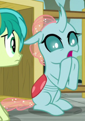 Size: 317x451 | Tagged: safe, derpibooru import, screencap, ocellus, sandbar, school daze, cropped, cute, d:, diaocelles, open mouth, worried