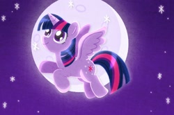 Size: 1626x1080 | Tagged: safe, artist:ririko, derpibooru import, twilight sparkle, twilight sparkle (alicorn), alicorn, pony, female, flying, mare, moon, solo