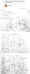 Size: 1764x4315 | Tagged: safe, artist:tjpones, derpibooru import, oc, oc only, oc:brownie bun, oc:richard, earth pony, human, pony, horse wife, ask, chest fluff, clothes, comic, dialogue, double standard, eyes closed, female, human male, hypocrisy, lineart, male, mare, pun, raised hoof, shirt, t-shirt, traditional art, tumblr