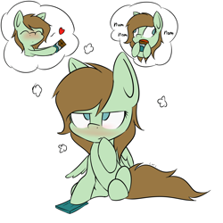 Size: 4000x4000 | Tagged: safe, artist:lofis, derpibooru import, oc, oc:mint chocolate, pegasus, pony, blushing, derp, dialogue, eating, female, looking at something, mare, serious, serious face, sharing, signature, sitting, solo, thinking, thought bubble