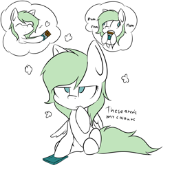 Size: 4000x4000 | Tagged: safe, alternate version, artist:lofis, derpibooru import, oc, oc:emerald jewel, pegasus, pony, chocolate, derp, dialogue, eating, food, looking at something, serious, serious face, sharing, solo, thought bubble