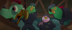 Size: 1920x804 | Tagged: safe, derpibooru import, screencap, boyle, lix spittle, mullet (character), murdock, anthro, my little pony: the movie, derp, eyepatch, fork, hat, parrot pirates, pirate, prosthetic beak, squabble, tongue out