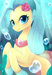 Size: 837x1200 | Tagged: safe, artist:ayahana, derpibooru import, princess skystar, seapony (g4), my little pony: the movie, bubble, female, flower, flower in hair, looking at you, smiling, solo, underwater