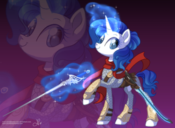 Size: 800x590 | Tagged: safe, artist:arcadianphoenix, derpibooru import, part of a set, oc, oc:aria, pony, unicorn, bard, commission, crossover, dungeons and dragons, fantasy class, female, levitation, magic, not rarity, pen and paper rpg, ponyfinder, raised hoof, rpg, solo, sword, telekinesis, weapon, zoom layer