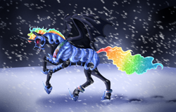 Size: 1350x862 | Tagged: safe, artist:bijutsuyoukai, derpibooru import, oc, oc only, oc:night plight, alicorn, bat pony, bat pony alicorn, pony, alicorn oc, armor, bat pony oc, black sclera, ethereal mane, hoof shoes, magical lesbian spawn, male, offspring, parent:nightmare moon, parent:rainbow dash, parents:nightmaredash, realistic horse legs, snow, solo, stallion