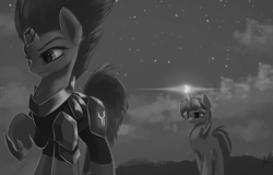 Size: 1615x1036 | Tagged: safe, artist:fluttersheeeee, derpibooru import, tempest shadow, twilight sparkle, unicorn, my little pony: the movie, broken horn, duo, female, mare, monochrome