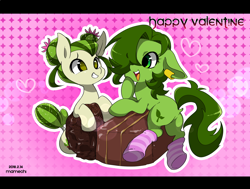 Size: 1200x907 | Tagged: safe, artist:potetecyu_to, derpibooru import, oc, oc:saboco, earth pony, pony, cactus, cactus pony, candy, clothes, duo, female, food, mare, smiling, socks, striped socks, sweets