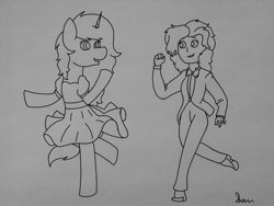 Size: 1600x1200 | Tagged: safe, artist:midnightamber, derpibooru import, oc, oc:midnight, alicorn, human, pony, alicorn oc, bowtie, clothes, dancing, dress, duo, female, lineart, mare, self insert, shoes, sketch, suit, traditional art