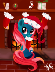 Size: 1024x1325 | Tagged: safe, artist:aclockworkkitten, derpibooru import, minty, g3, christmas, christmas stocking, fireplace, g3 to g4, generation leap, hat, holiday, mouth hold, present, santa hat, solo