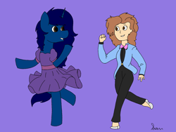 Size: 1600x1200 | Tagged: safe, artist:icey-wicey-1517, artist:midnightamber, derpibooru import, oc, oc:midnight, alicorn, human, pony, alicorn oc, bowtie, clothes, colored, dancing, dress, duo, female, mare, purple background, self insert, shoes, simple background, suit