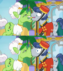 Size: 756x848 | Tagged: safe, derpibooru import, edit, edited screencap, screencap, auntie applesauce, welcome inn, earth pony, pony, grannies gone wild, bellhop pony, bellsauce, bits, clothes, coin, discovery family logo, eyes on the prize, female, hat, kiss edit, kissing, male, mare, sexual harassment, shipping, shirt, stallion, straight