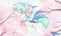 Size: 2500x1470 | Tagged: safe, artist:xwhitedreamsx, derpibooru import, oc, oc only, oc:starboard, bat pony, pony, bat pony oc, bow, clothes, commission, female, flying, hair bow, looking at you, mare, slit eyes, smiling, socks, solo, tree