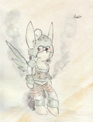 Size: 683x889 | Tagged: safe, artist:slightlyshade, derpibooru import, pegasus, pony, armor, belly button, bipedal, midriff, solo, traditional art