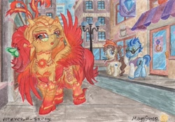 Size: 3481x2435 | Tagged: safe, artist:magnifsunspiration, derpibooru import, pegasus olsen, oc, oc:sunny phoenixwing, butterfly, pegasus, pony, clothes, female, high res, male, mare, peggy holstein, stallion, sunglasses, traditional art, waxton