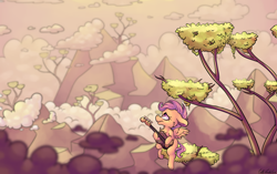 Size: 7016x4394 | Tagged: safe, artist:cutepencilcase, derpibooru import, scootaloo, pegasus, pony, absurd resolution, bass guitar, cloud, commission, female, filly, guitar, left handed, looking up, musical instrument, scootabass, sitting, solo, tree