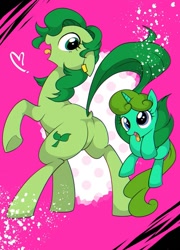 Size: 864x1200 | Tagged: safe, artist:potetecyu_to, derpibooru import, oc, earth pony, pony, unicorn, cute, duo, featureless crotch, female, filly, mare, tail hold