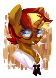 Size: 600x839 | Tagged: safe, artist:snow angel, derpibooru import, oc, unicorn, bust, glasses, looking at you, male, simple background, smiling, solo, stallion