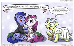 Size: 775x485 | Tagged: safe, artist:david vargas, artist:latecustomer, derpibooru import, oc, oc only, oc:scribbles, oc:white diamonds, earth pony, pony, unicorn, comic, couple, female, male, mare, marriage, stallion, straight, webcomic