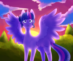 Size: 2500x2100 | Tagged: safe, artist:johnathan-leviathan, derpibooru import, sci-twi, twilight sparkle, twilight sparkle (alicorn), alicorn, pony, equestria girls, alicornified, equestria girls ponified, female, looking at you, mare, ponified, race swap, scenery, scitwilicorn, solo, spread wings, sunset, surprised, wings
