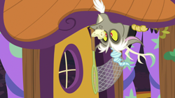 Size: 1280x720 | Tagged: safe, derpibooru import, screencap, discord, draconequus, discordant harmony, butterfly net, butterfly sandwich, cute, discord's house, discute, food, male, sandwich, sofa, solo, upside down