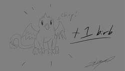 Size: 1234x707 | Tagged: safe, artist:xeirla, derpibooru import, oc, oc only, oc:der, griffon, birb, joke, monochrome, sketch