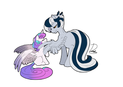 Size: 3507x2480 | Tagged: safe, artist:dormin-dim, derpibooru import, princess flurry heart, oc, oc:soul silver, alicorn, pegasus, pony, eyes closed, female, male, simple background, smiling, stallion, transparent background