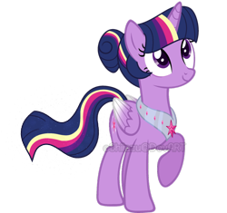 Size: 800x753 | Tagged: safe, artist:shiiazu, derpibooru import, twilight sparkle, twilight sparkle (alicorn), alicorn, pony, alternate hairstyle, base used, cutie mark, ethereal mane, female, mare, older, older twilight, peytral, rainbow power, raised leg, simple background, smiling, solo, starry mane, transparent background, watermark