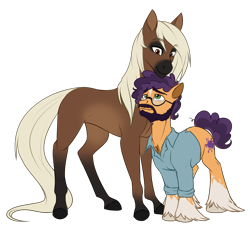 Size: 3281x3000 | Tagged: safe, artist:askbubblelee, derpibooru import, oc, oc only, oc:cocoa nutt, oc:peter nutt, earth pony, pony, saddle arabian, beard, clothes, couple, facial hair, female, husband and wife, looking at each other, male, mare, married couple, oc x oc, realistic anatomy, realistic horse legs, redesign, shipping, shirt, simple background, size difference, smiling, socks (coat marking), stallion, star (coat marking), straight, transparent background, unshorn fetlocks