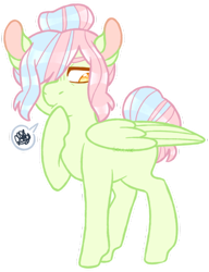 Size: 400x522 | Tagged: safe, artist:soulnik, derpibooru import, oc, oc only, oc:lacewing, pegasus, pony, adopted offspring, blank flank, female, hair bun, hair over one eye, hoof on chin, mare, parent:rumble, parent:scootaloo, parents:rumbloo, pictogram, simple background, solo, thinking, transparent background, white outline