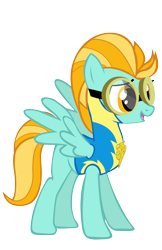 Size: 994x1536 | Tagged: safe, artist:kestrelelk, derpibooru import, lightning dust, pegasus, pony, clothes, female, goggles, lead pony badge, mare, simple background, smiling, solo, spread wings, transparent background, uniform, wings, wonderbolt trainee uniform