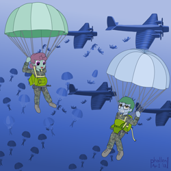 Size: 3000x3000 | Tagged: safe, alternate version, artist:phallen1, derpibooru import, oc, oc only, oc:software patch, oc:windcatcher, human, equestria girls, aircraft, airdrop, army, assault rifle, boots, camouflage, clenched teeth, equestria girls-ified, falling, female, glasses, gun, imperialism, invasion, male, parachute, paratrooper, reserve parachute, rifle, shoes, smiling, weapon