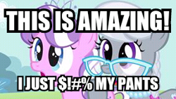 Size: 284x160 | Tagged: safe, derpibooru import, edit, edited screencap, screencap, diamond tiara, silver spoon, earth pony, pony, flight to the finish, duo, female, filly, image macro, meme, open mouth, smosh, vulgar