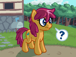 Size: 800x600 | Tagged: safe, artist:rangelost, derpibooru import, oc, oc only, oc:trailblazer, earth pony, pony, cloud, colored, cyoa, cyoa:d20 pony, description is relevant, female, grass, house, mailbox, mare, pixel art, question mark, solo, speech bubble, story included, thought bubble, tree