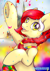 Size: 3507x4960 | Tagged: safe, artist:tokokami, derpibooru import, oc, oc only, oc:colonia, braid, carnival, frog (hoof), mascot, meetup, solo, underhoof