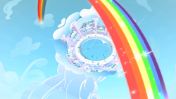 Size: 1280x720 | Tagged: safe, derpibooru import, screencap, sonic rainboom (episode), bird's eye view, cloud, cloudiseum, rainbow, sky, stadium